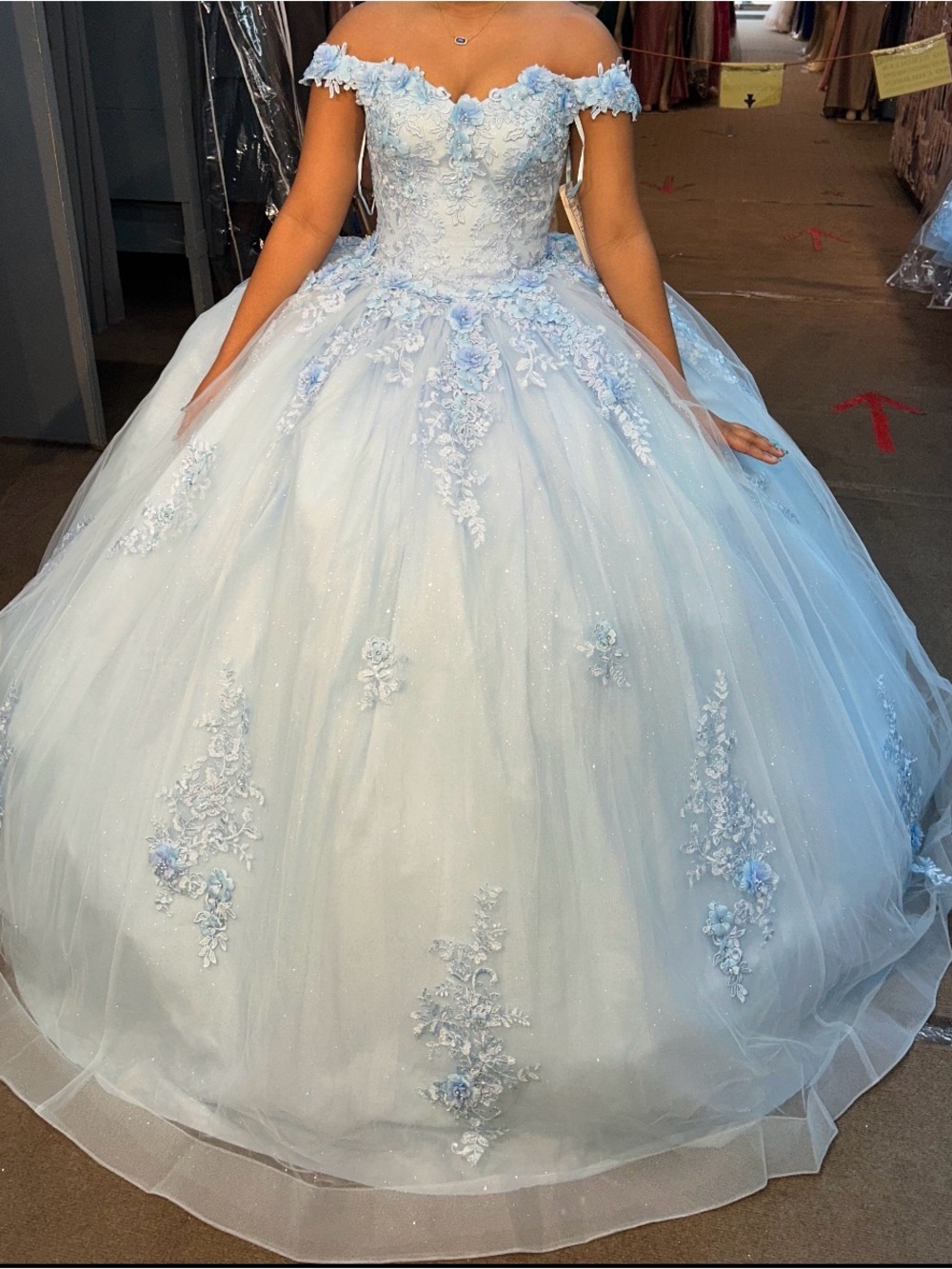 Blue Off-Shoulder Floral Ball Gown Dress for Girls